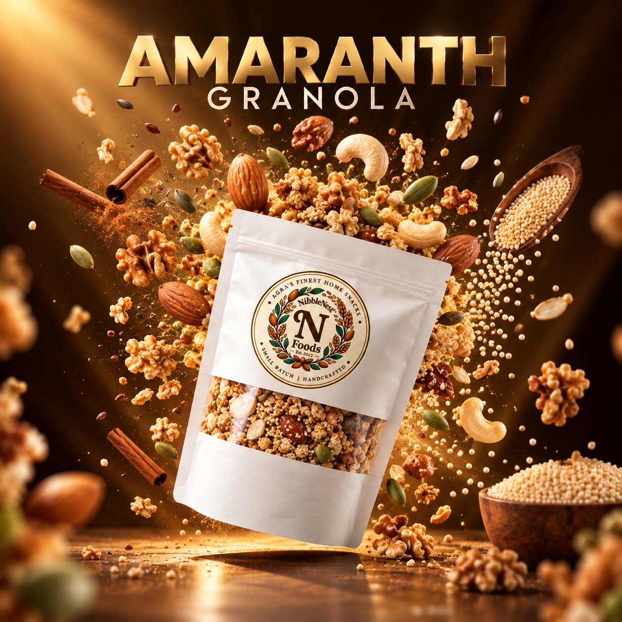 Amaranth Granola campaign illustration: granola clusters with almonds, cashews, walnuts, pumpkin seeds, cinnamon and amaranth puffs on a warm golden backdrop. Not a product photograph.