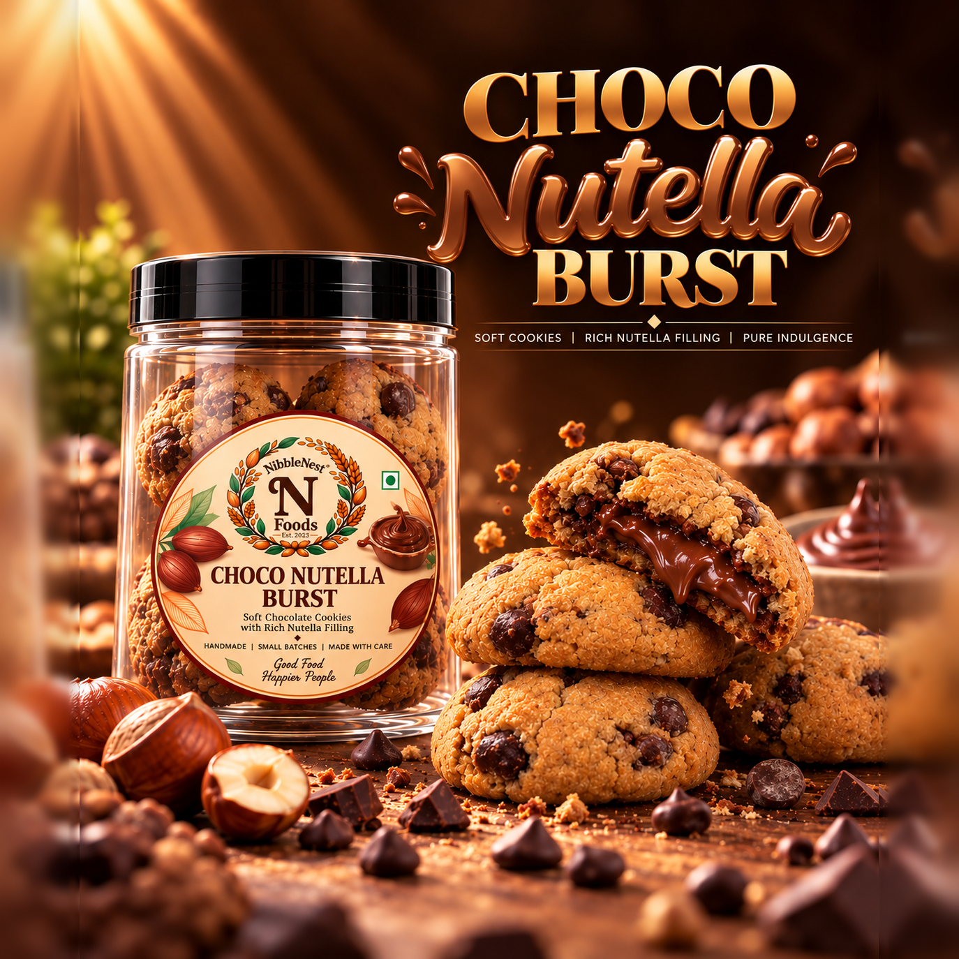 Choco Nutella Burst campaign illustration: the supplied NibbleNest jar of soft chocolate cookies beside a broken cookie with rich Nutella filling, hazelnuts and chocolate chips on a warm chocolate backdrop. Not a product photograph.