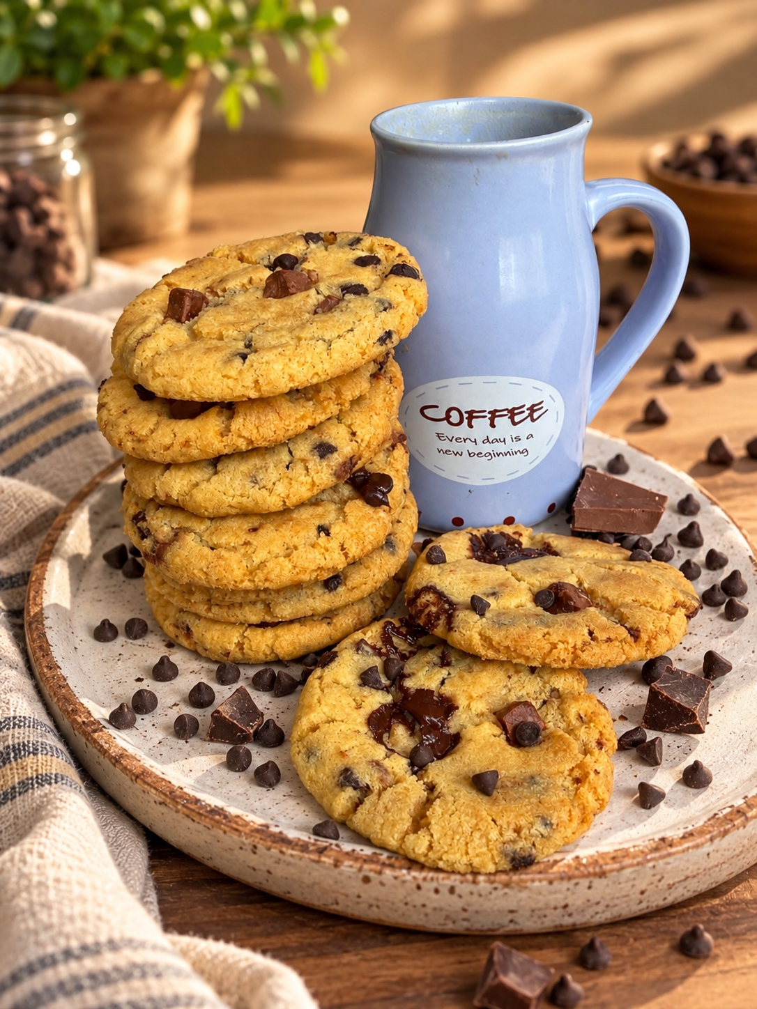 A stack of chocolate chip cookies beside a pale blue mug on a wooden table in warm daylight.
