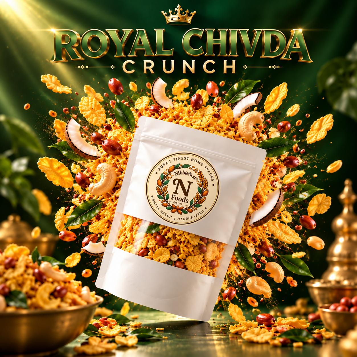 Royal Chivda Crunch campaign illustration: a NibbleNest pouch with the chivda mix bursting outward among cashews, peanuts, coconut slices and curry leaves on a deep emerald backdrop with golden light. Not a product photograph.