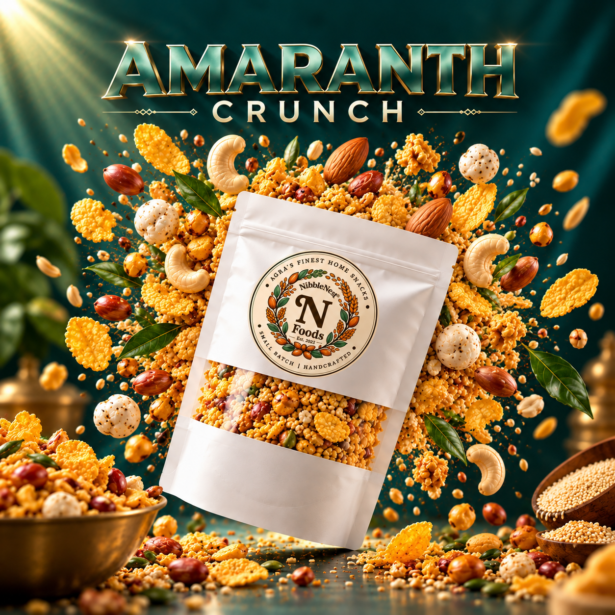 Amaranth Crunch campaign illustration: a NibbleNest pouch with the crunch mix bursting outward among amaranth puffs, cornflakes, almonds, cashews, peanuts, makhana and pumpkin seeds on a deep teal-green backdrop with golden light. Not a product photograph.