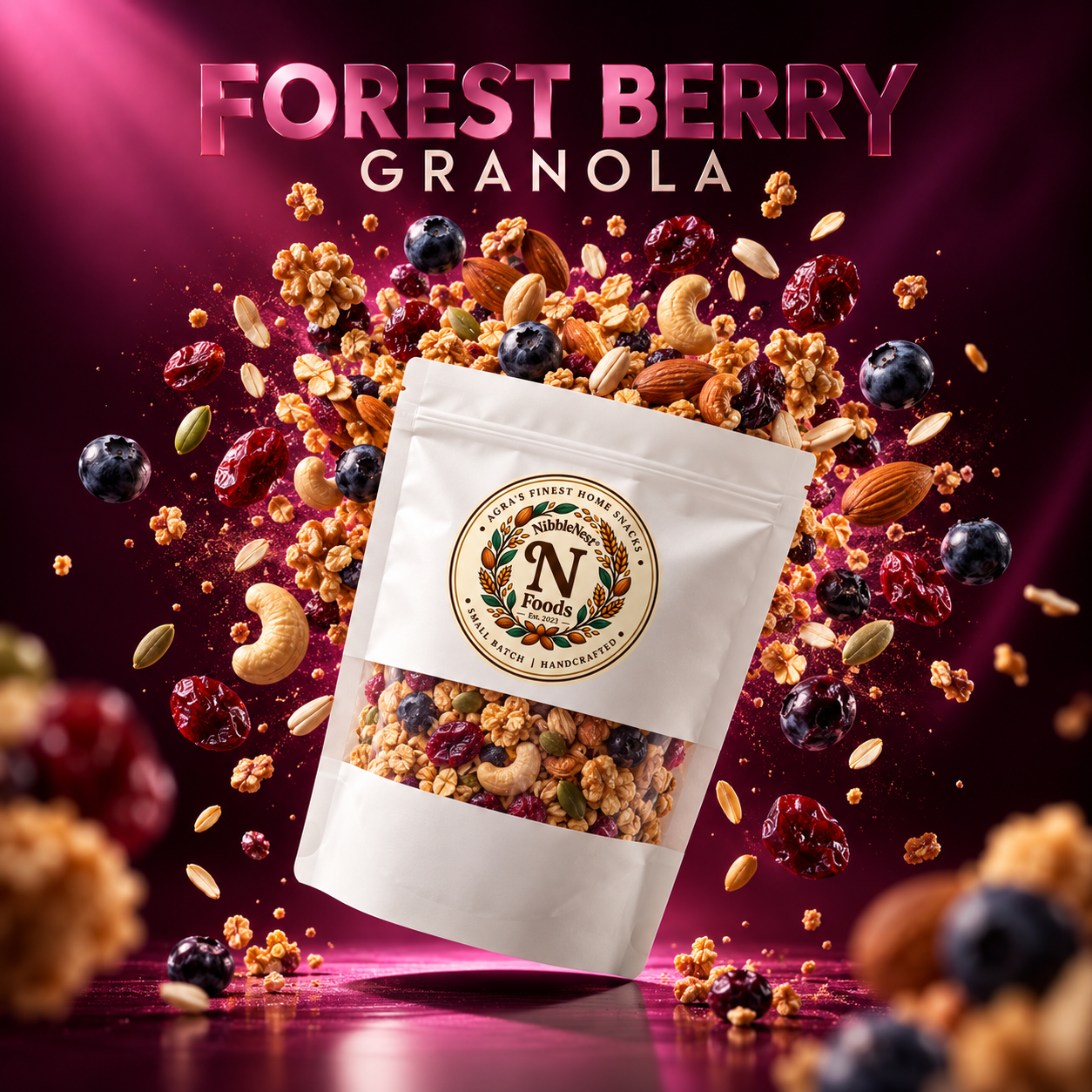 Forest Berry Granola campaign illustration: granola, nuts and berries scattered on a deep berry backdrop. Not a product photograph.