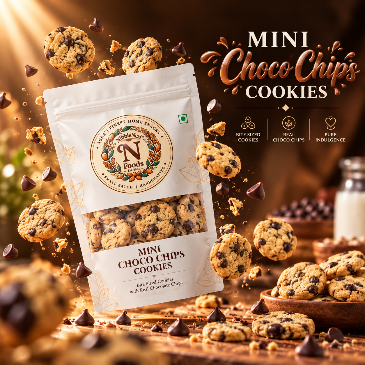 Mini Choco Chip Cookies campaign illustration: the supplied NibbleNest pouch of bite-sized cookies with real chocolate chips, surrounded by floating mini cookies and chocolate chips on a warm golden backdrop. Not a product photograph.